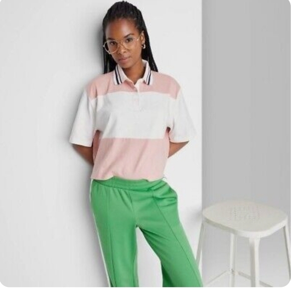 WOMEN'S Short Sleeve Rugby Stripe Collared Top - Wild Fable - Picture 1 of 7